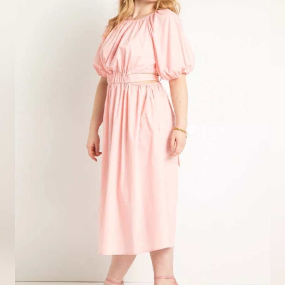 Eloquii Pink Puff-Sleeve Cut-Out Waist Midi Dress Size 22